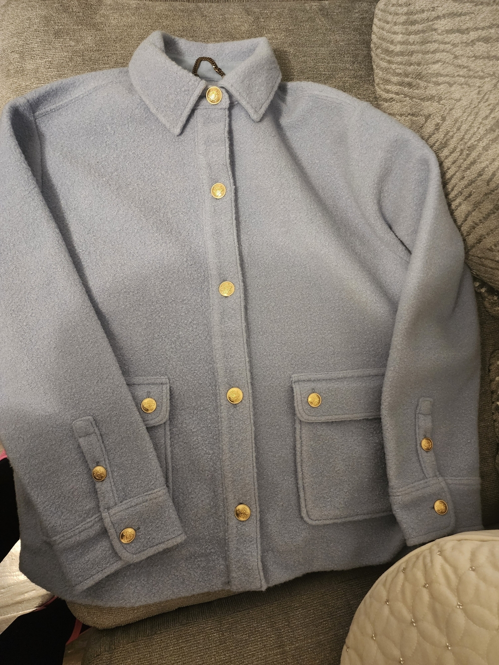 J. Crew Light Blue Teddy Jacket with Gold Buttons